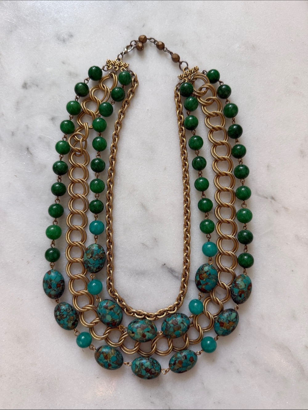 Gold Multi-Strand Green & Turquoise Beaded Necklace